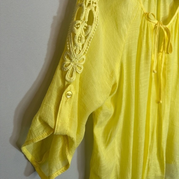 BCX Womens Blouse M  Embroidered Gauzy Tie Pleated Front Elbow Roll Tab Sleeve - Picture 6 of 15